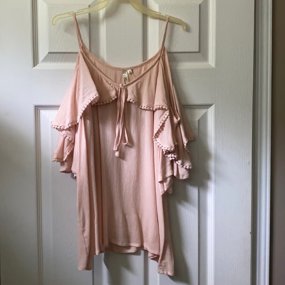 Andree blue pink open shoulder top